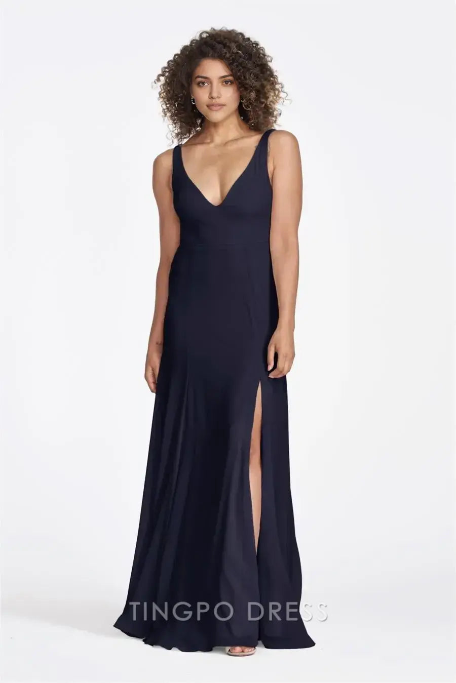 TingPo Wholesale Simple Navy Blue Deep V-Neck Dress - Sleeveless Slit Maxi Evening Gown
